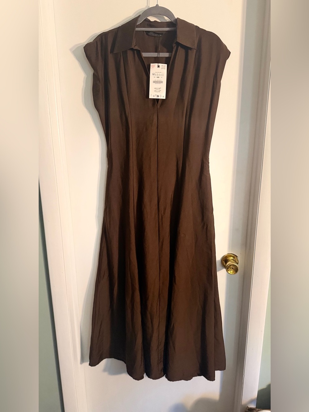 Zara Brown Cap-Sleeve Midi Shirt Dress NWT (small flaw pic 6) - Picture 5 of 8